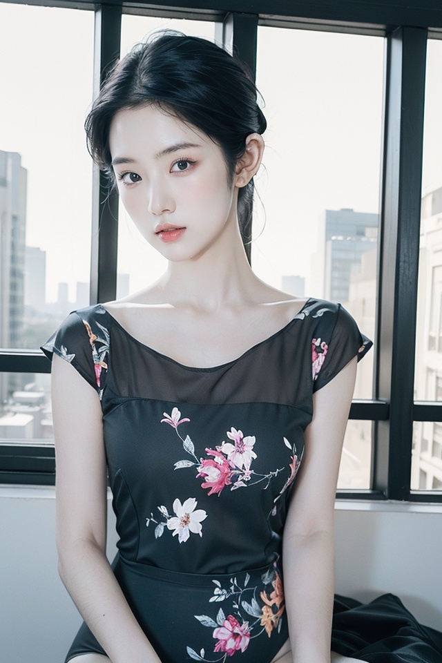 HDR,UHD,8K,Highly detailed,best quality,masterpiece,masterpiece, best quality, realistic,1girl,loli,upper body,fov, sitting,leotard,black leotard,floral print,white skin,simple background,Studio lighting,(EOS R8,50mm,F1.2,8K,RAW photo,frontlight,(((masterpiece))), ((the best quality, super fine illustrations,)), ((very delicate light)), ((fine lighting,very fine 8KCG wallpapers)),
