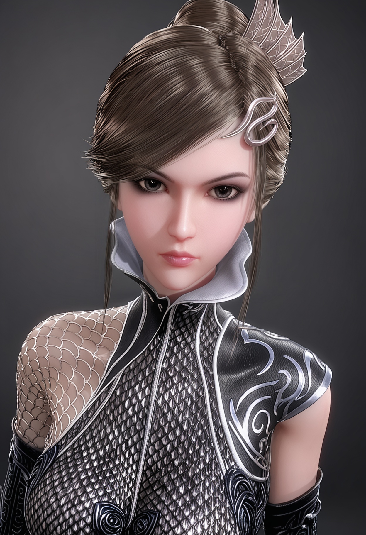 (upper_body:1.2),(looking at viewer:1.1),facing viewer,direct gaze,<lora:YQ_pony_chudaijingni_V5:0.8>,q1528437228,1girl,solo,black hair,brown hair,hair ornament,lips,armor,fishnet pantyhose,black eyes,hair bun,brown eyes,high heels,dress,short hair,bodysuit,gloves,single hair bun,swept bangs,black dress,sidelocks,high collar,chainmail,detached sleeves,elbow gloves,bridal gauntlets,BREAK simple background,pure black background,black background,perfect anatomy,