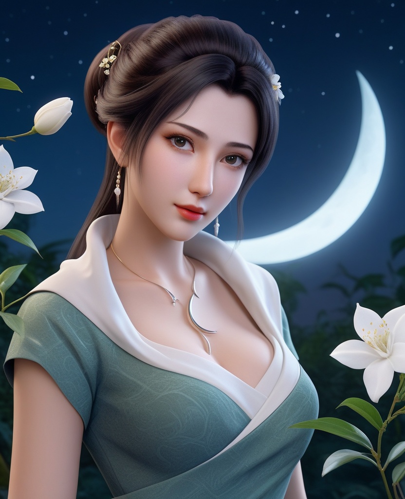 <lora:577-DA-XL-斗破苍穹-云韵-黑服:0.8>(,1girl, ,best quality, ),looking at viewer,  ,,ultra detailed background,ultra detailed background,ultra realistic 8k cg, ,masterpiece, (( , )),, realistic,science fiction,mole, ultra realistic 8k cg, ,     ,crescent moon, jasmine \(flower\),     (cleavage), (),