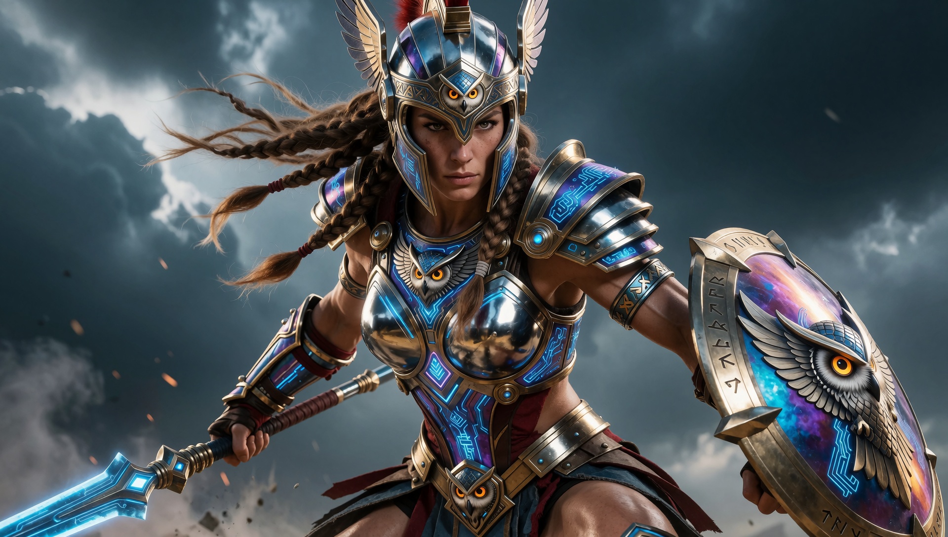 A muscular,  athletic female warrior stands tall,  wearing intricately detailed on Tensor.Art