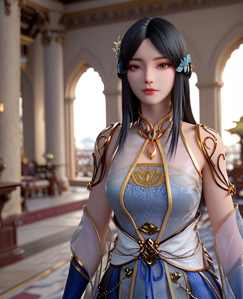 (oriental architecture, elegant decor, sophisticated style:1.1),(Tech Interaction, Interacting with a high-tech gadget or holographic display with a thoughtful expression,:1.1),looking at viewer,(breasts:1.2),<lora:XL斗破苍穹柳菲透纱新衣:0.95>,miss liufei,dress,long hair,black hair,chinese clothes,see-through,brown eyes,hair flower,parted bangs,makeup,, score_9,score_8_up,score_7_up,score_6_up,score_5_up,score_4_up,3d rendering,tag1,tag2, Cinematic Lighting,backlighting,