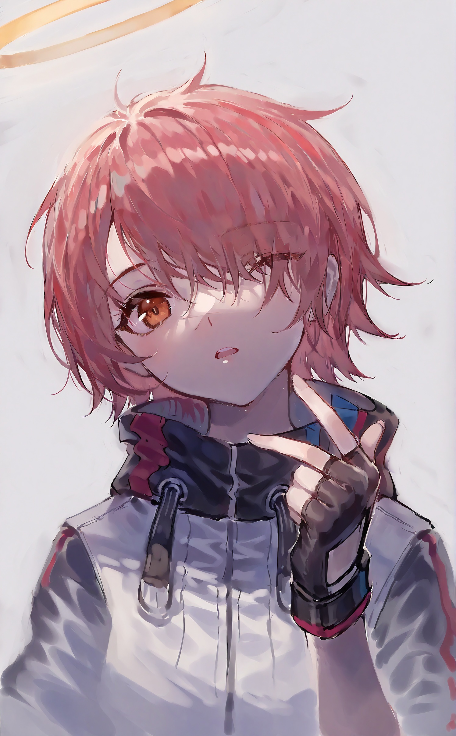 1girl,exusiai (arknights),solo,gloves,halo,fingerless gloves,red hair,hair over one eye,black gloves,short hair,looking at viewer,upper body,parted lips,jacket,head tilt,one eye closed,white jacket,hand up,red eyes,grey background,orange eyes,simple background,brown eyes,open mouth,eyes visible through hair,high collar,v,<lora:ciloranko-000040:1>,