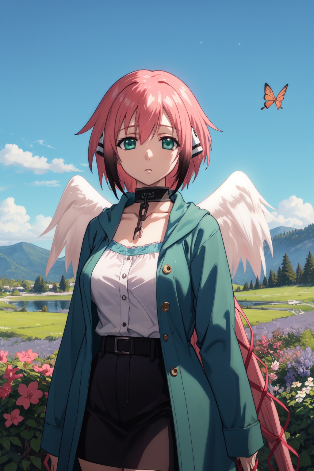<lora:Ikaros-000009:0.8>,ikaros cyql,1girl,looking at viewer,solo,pink hair,long hair,very long hair,twintails,robot ears,hair ribbon,green eyes,collar,metal collar,chain,wings,angel wings,large breasts,Wool-blend pea coat in a classic navy or black color with gold buttons,light_blush,cowboy_shot,Late spring into early summer, hillsides burst with a profusion of blooming flowers, a kaleidoscope of colors, bustling with bees and butterflies,(Wildflowers, Meadow grass, Mountain peaks, Morning mist, Dawn light, Alpine breeze:0.5),beautiful detailed sky,beautiful detailed glow,posing in front of a colorful and dynamic background,masterpiece,best quality,beautiful and aesthetic,contrapposto,female focus,wallpaper,
