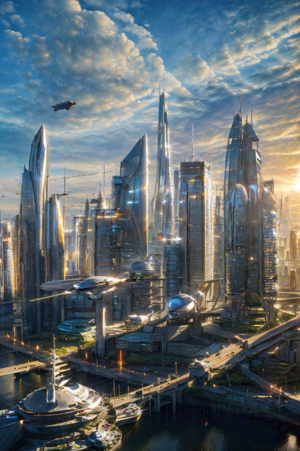(masterpiece, best picture quality:1.3),realistic,SCI-FI City,scenery,science fiction,no humans,city,building,cityscape,sky,aircraft,outdoors,skyscraper,lens flare,cloud,spacecraft,sunlight,<lora:SCI FI City_20240127193551:0.8>,