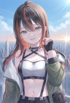 best quality, masterpiece,1girl, solo, virtual youtuber, red hair, breasts, smile, hair over one eye, jacket, green jacket, suspenders, bandeau, bare shoulders, upper body, gloves, off shoulder, fingerless gloves, black hair, long hair, strapless, tube top, multicolored hair, black gloves, looking at viewer, stuffed shark, streaked hair, ponytail, bangs, cleavage, :d, long sleeves, stuffed toy, stuffed animal, open jacket, open clothes, pouch, large breasts, white background, v, simple background, open mouth, grey eyes, midriff, hand up ,scenery, sky, cloud, cityscape, city, outdoors, building, blue sky, skyscraper, dutch angle, fantasy, lens flare, day, star (sky), cloudy sky, artist name  <lora:poireXLlokr4f-000287:0.7>