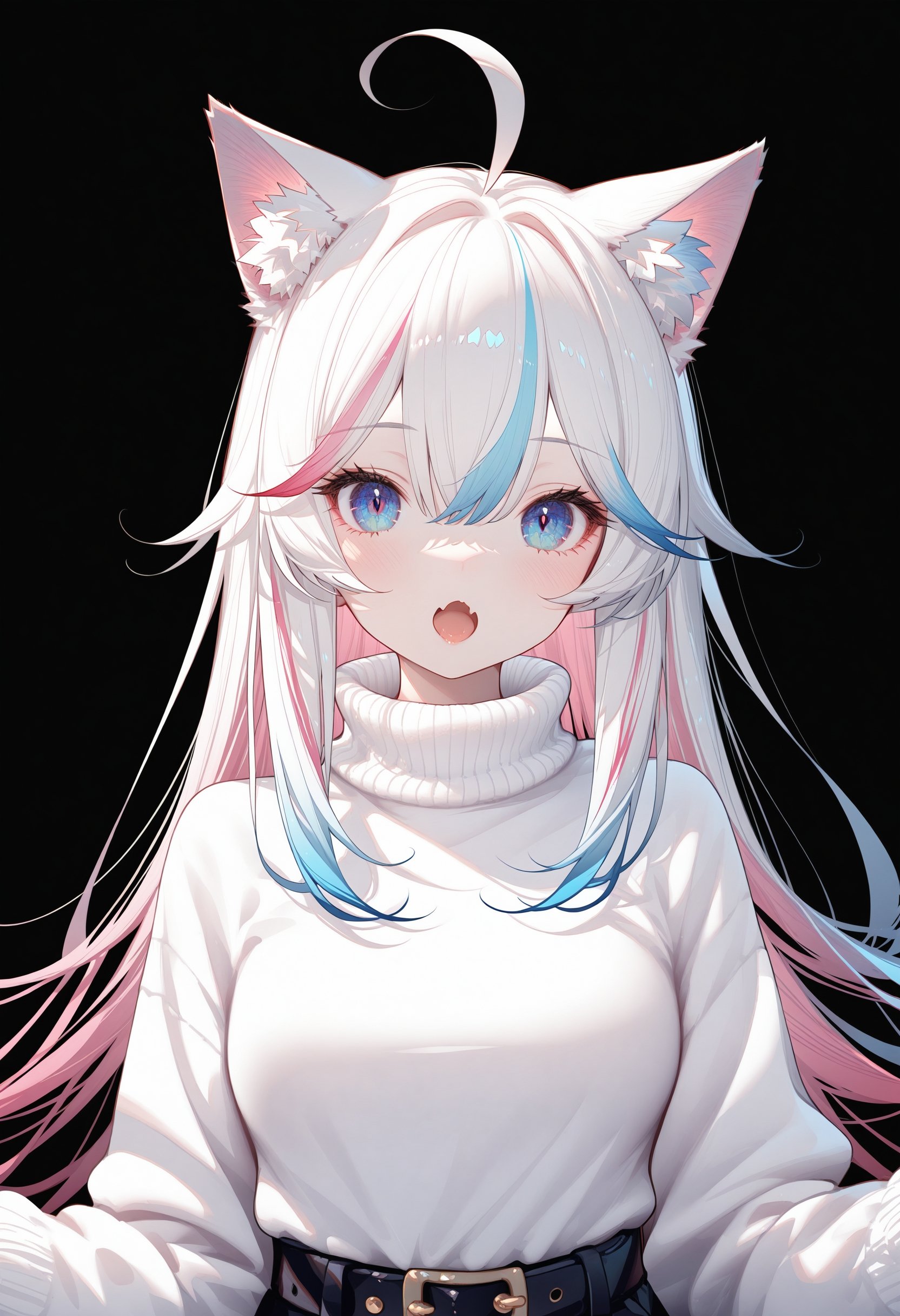 1girl, solo, animal ears, ahoge, multicolored hair, blue eyes, fang, long hair, animal ear fluff, open mouth, sweater, upper body, pink hair, white sweater, black background, turtleneck, white hair, skin fang, breasts, bangs, looking at viewer, gradient hair, cat ears, :o, turtleneck sweater, medium breasts, hair between eyes, virtual youtuber, two-tone hair, simple background,BREAK fine fabric emphasis,best quality,masterpiece,best quality,amazing quality,very aesthetic,absurdres,best quality,amazing quality,very aesthetic,absurdres,Highly detailed,best quality,masterpiece,Highly detailed,<lora:珊瑚鲨XL:1>,
