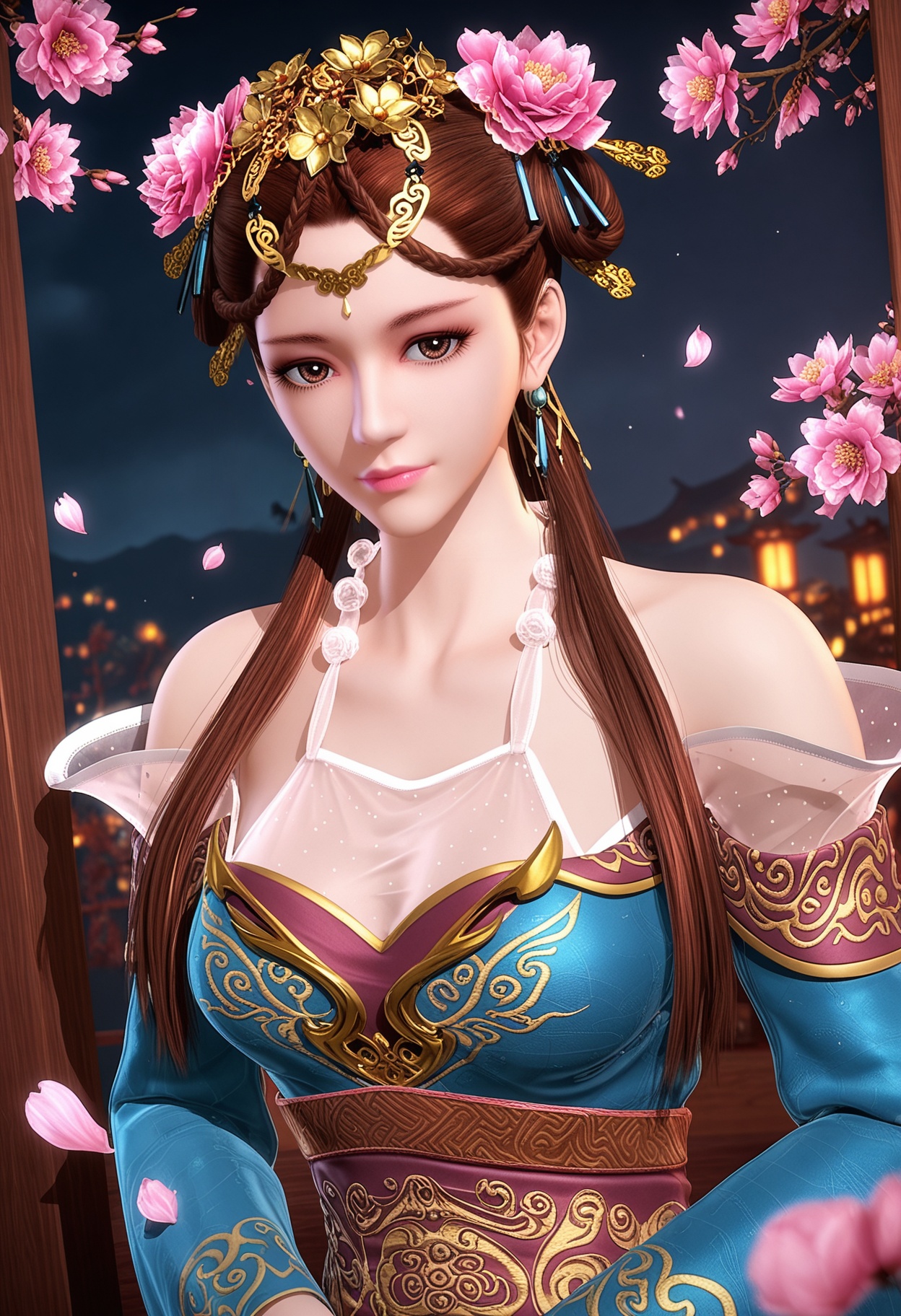 (upper_body:1.2),(looking at viewer:1.1),masterpiece,(best quality),smog,Dark room,dim lighting,peach blossom,falling petals,<lora:YQ_Illustrious光辉v5_涟衣_V1:0.8>,q1528437228,1girl,solo,brown hair,hair ornament,jewelry,long hair,hair flower,earrings,brown eyes,dress,chinese clothes,braid,necklace,hair rings,sash,twintails,