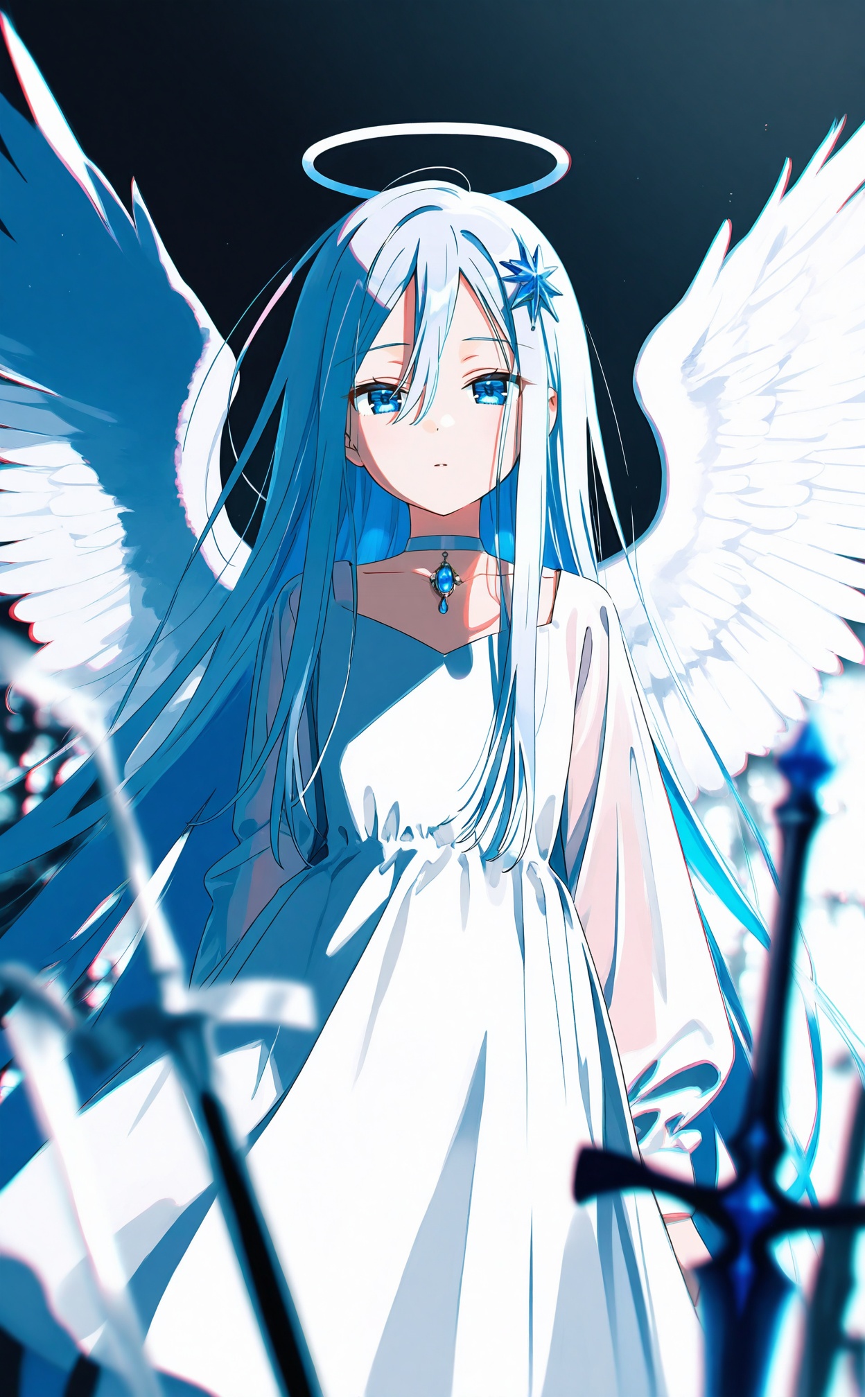 masterpiece,absurdres,best quality,loli,petite,high quality,chromatic_aberration,dark,black theme,//,1girl,wings,solo,long_hair,hair_between_eyes,white_hair,white_dress,weapon,dress,white_wings,blurry,looking_at_viewer,angel_wings,feathered_wings,blue_eyes,sword,long_sleeves,white_theme,depth_of_field,expressionless,very_long_hair,straight-on,arms_at_sides,angel,blurry_background,closed_mouth,polearm,long_bangs,gem,halo,double-parted_bangs,planted,hair_ornament,yoisaki_kanade,blue_gemstone,sidelocks,standing,puffy_long_sleeves,upper_body,puffy_sleeves,cowboy_shot,white_background,parted_lips,jewelry,spear,choker,blue_hair,blurry_foreground,asymmetrical_clothes,planted_sword,multicolored_hair,//,<lora:degrees_25——【CKXL】hans:1>,