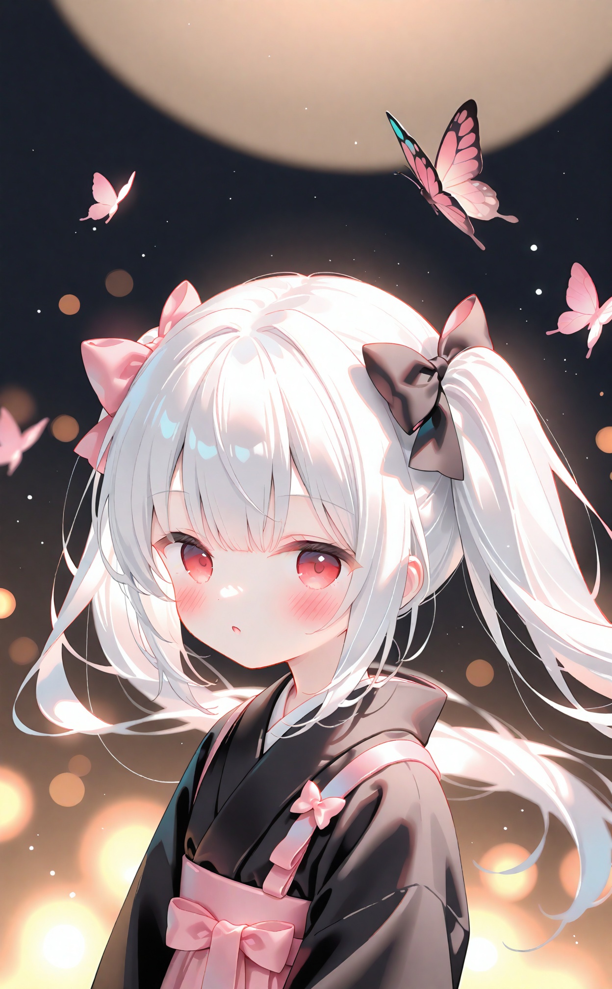 loli,1girl,solo,long hair,looking at viewer,blush,bangs,red eyes,long sleeves,bow,twintails,very long hair,upper body,white hair,hair bow,parted lips,japanese clothes,kimono,blurry,:o,black dress,black bow,floating hair,depth of field,animal,bug,pink bow,butterfly,black kimono,<lora:Nano gys2-000036:0.7>,