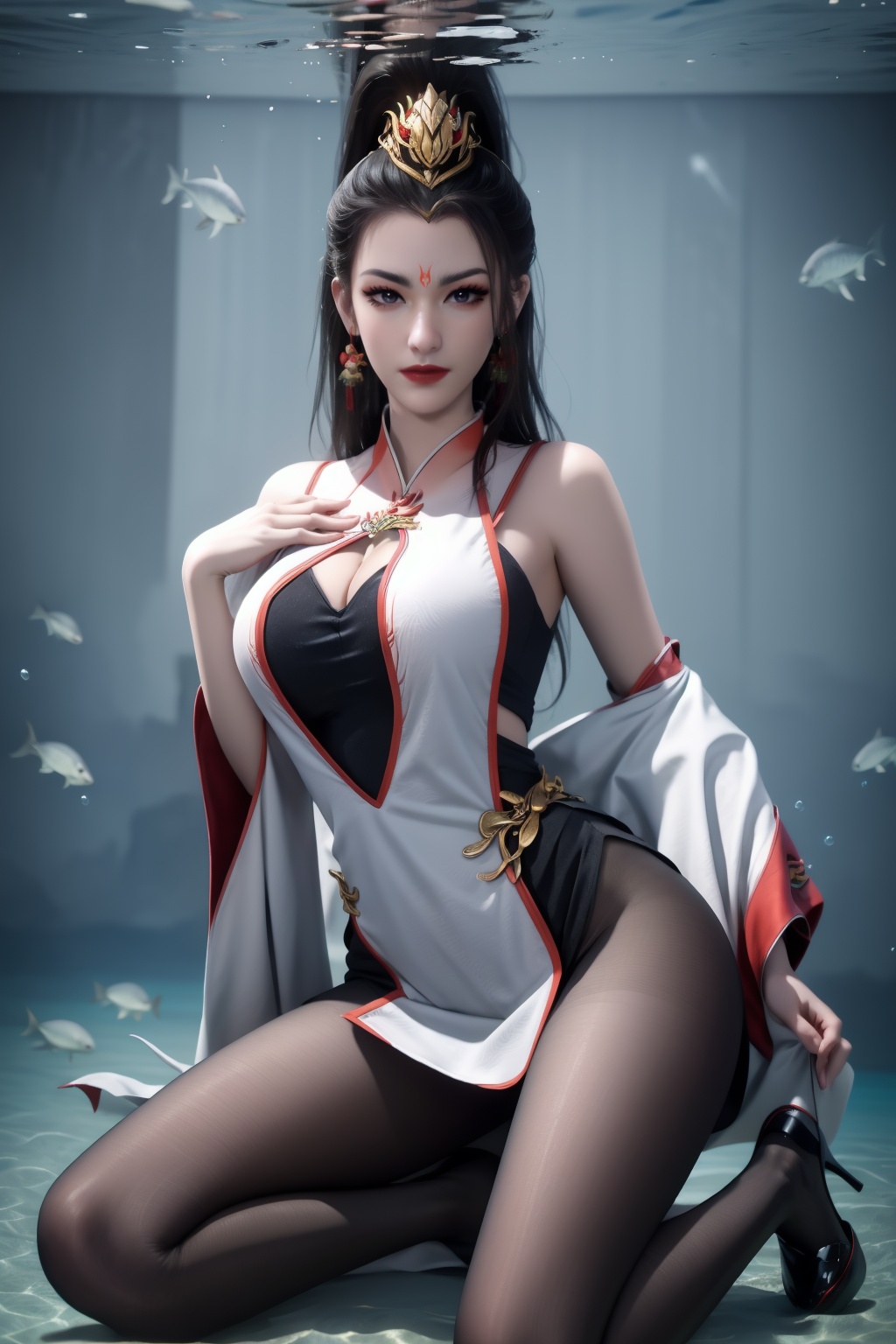 1girl,underwater,submerged,floating hair,air bubble,holding breath,see-through,masterpiece,best quality,highly detailed,fish,(wide hip:1.2),jellyfish,earrings,hair ornament,sea weed,coral reef,shark,sea turtle,sexy pose,kneeling,chinese dress,chinese clothes,large breasts,white laced black pantyhose,cleavage,forehead mark