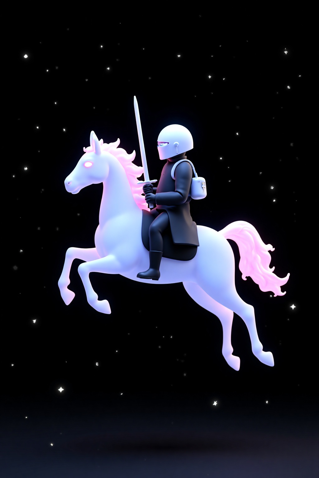 beijihui,a white plastic horse is soaring in the air. The horse is adorned with a glowing pink mane and tail,and the rider is wearing a white helmet,a black jacket,and black boots. The rider is holding a sword in his right hand,and a white bag is strapped to his left shoulder. The backdrop is a deep black,with small white stars dotting the sky.,