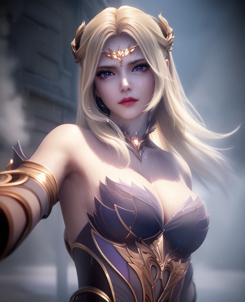 <lora:573-DA-斗罗大陆-千仞雪-V2:0.8>(,1girl, ,best quality, ),looking at viewer,masterpiece, (( , )),,ultra realistic 8k cg, ,      ,building, bare_shoulders,cleavage cutout, eyelashes,magic,hydrokinesis,sweat, wet, rain, ,       (cleavage), (),