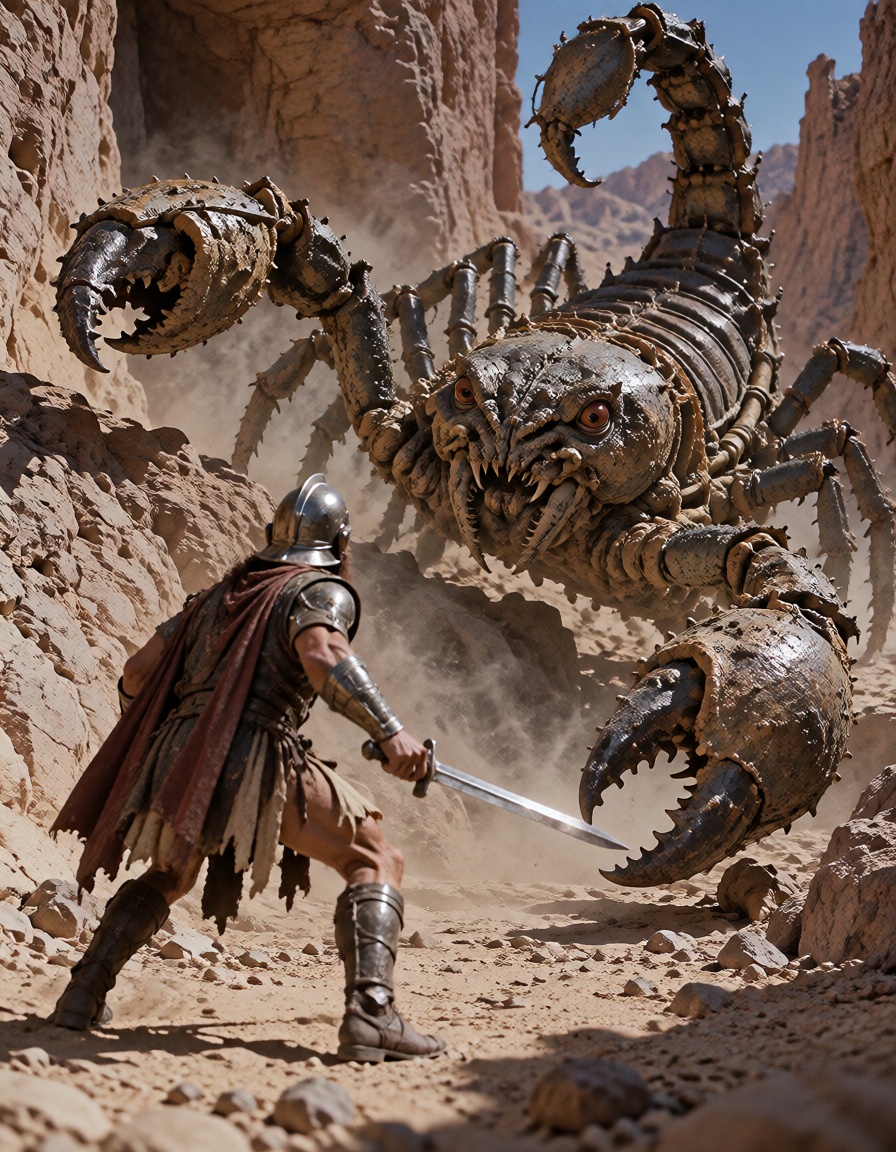 A knight confronting a giant scorpion in a desert canyon,  stop-motion creature integrated with live-action photography,...