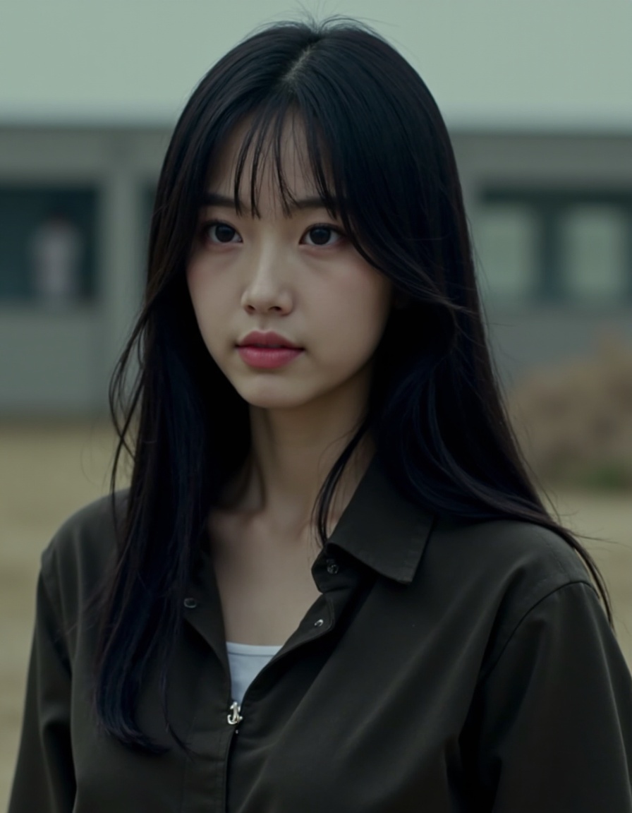 HDR photo of cinematic film still, 1girl, small mouth, solo, black hair, upper body, outdoors,