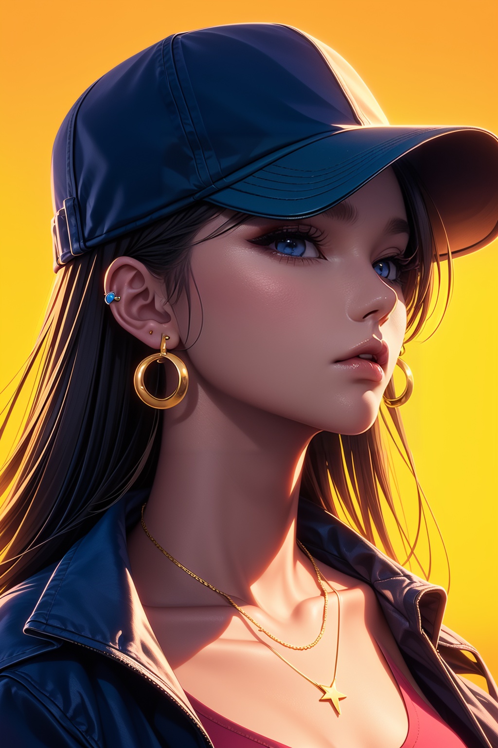 QXHTX,1girl,hat,solo,jewelry,long hair,chain,earrings,baseball cap,necklace,gold chain,spiked collar,ear piercing,black hair,chain necklace,<lora:QXHTX_20240412134359-000008:0.8>,