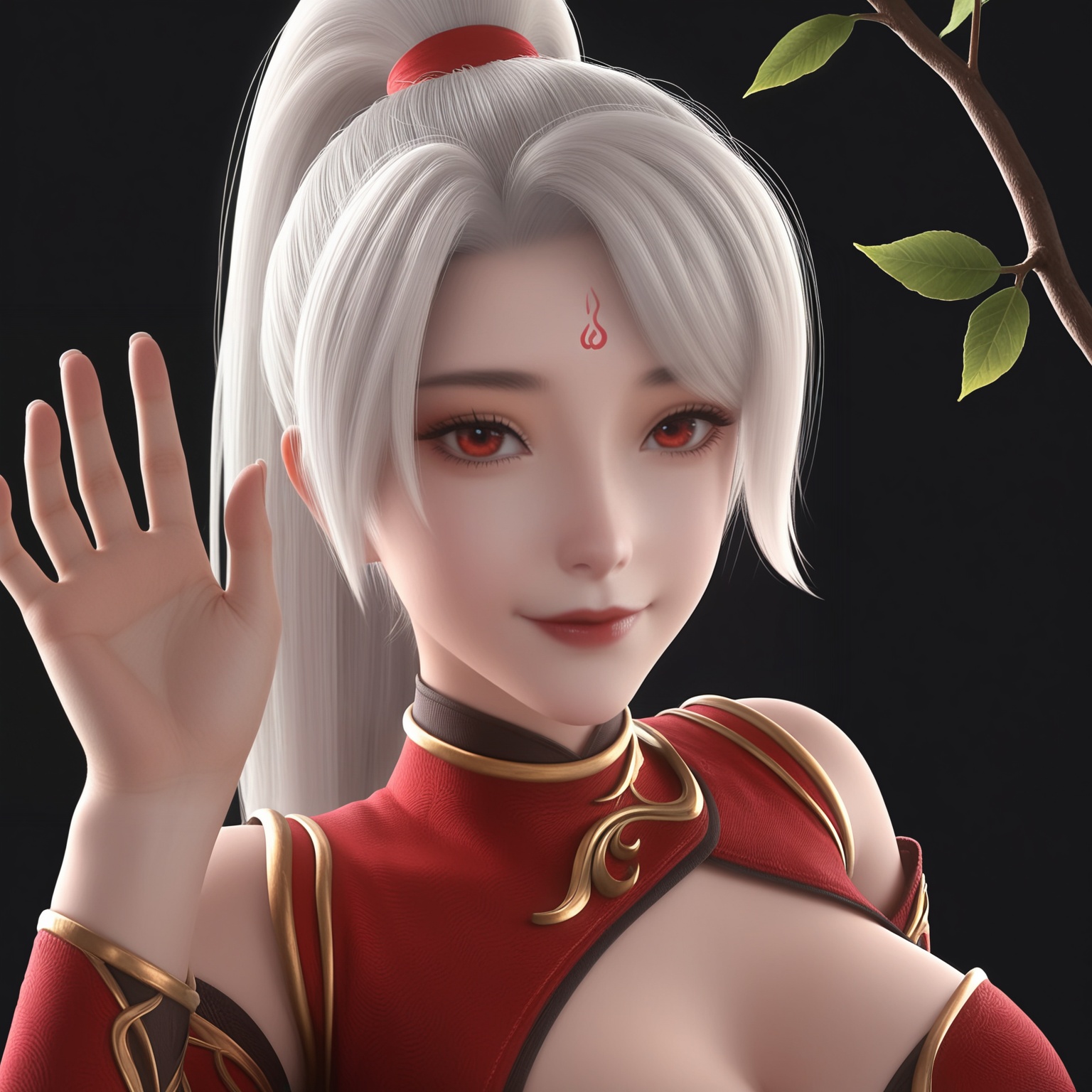 (score_9),masterpiece,best quality,absurdres,highres,BREAK(glamor:1.1),slender,white_skin,(fair_skin:1.1),collarbone,(large breasts),puffy chest,cleavage,<lora:焰羽-ill:0.83>,yanyu,1girl,solo,long hair,white hair,ponytail,hair rings,red eyes,forehead mark,red dress,high collar,light blush,(seductive_smile:1.1),looking at viewer,(upper body),ok sign,face_foucs,front view,BREAKblack background,branch,twig,rim light,Cinematic Lighting,Volumetric Lighting,Tyndall effect,