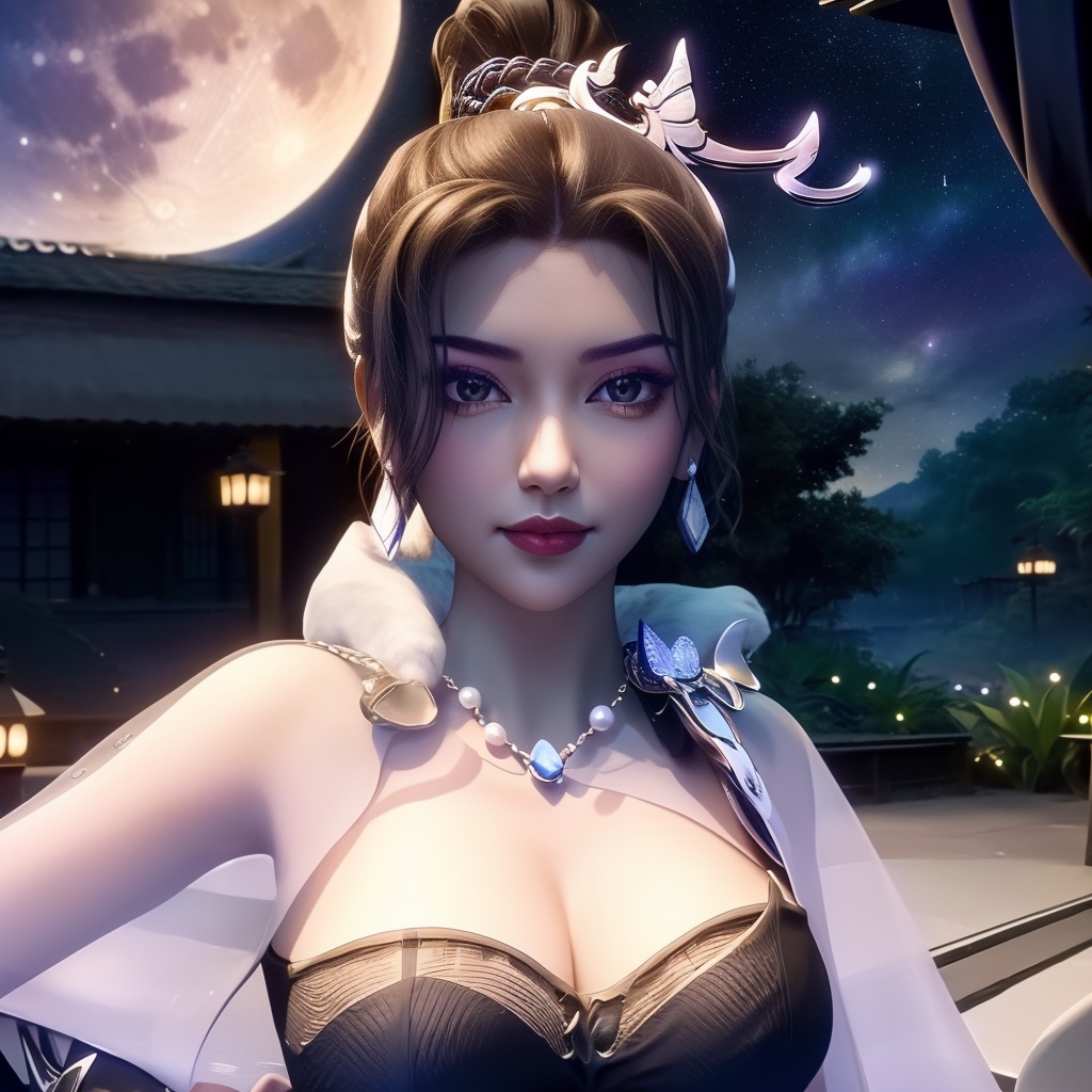 <lora:万界至尊-李雪衣-毛领:0.8>, (,1girl, ,best quality, ),looking at viewer,masterpiece(,1girl,night, starry sky, milky way,outdoors, full moon,  night sky, darkness,  world of darkness, , ) ,ultra realistic 8k cg,   clean, masterpiece,     (( , )),, , , prestige, luxury, jewelry, diamond, gold, pearl, gem, sapphire, ruby, emerald, intricate detail, delicate pattern, charming, alluring, seductive, erotic, enchanting, hair ornament, necklace, earrings, bracelet, armlet,halo((, )), (), butterfly,