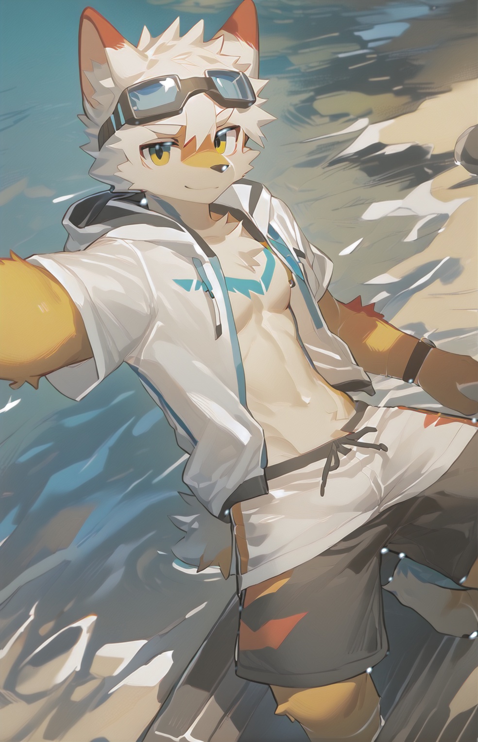 masterpiece,best quality,solo,by milkytiger1145,by littleblackalas,anime style,furry,Wolf,white shirt,open clothing,swimming trunks,swimming goggles,(looking aside:1.2),floating,upper body,selfie,onnk,source_furry,anthro,body fur,
