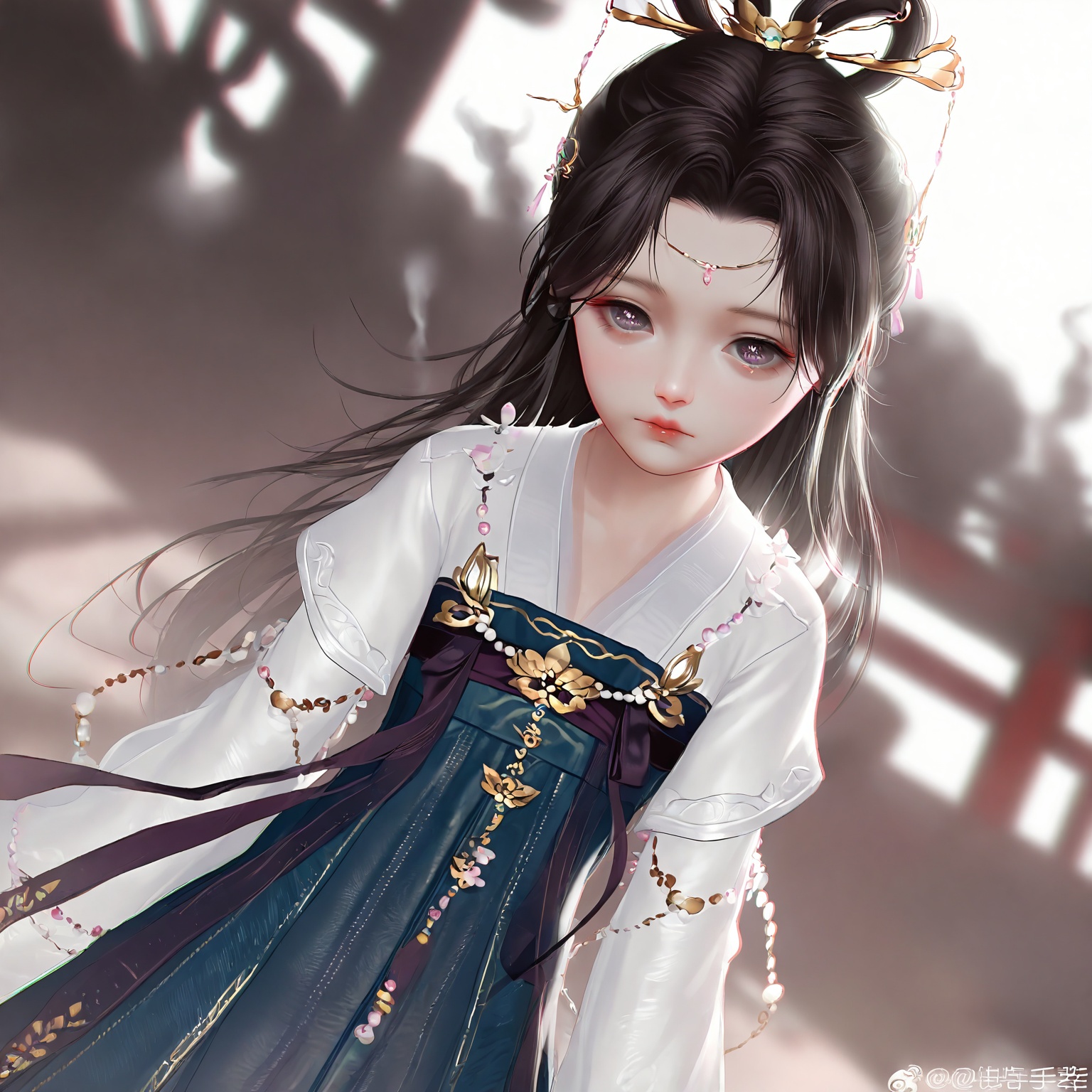 masterpiece,very aware,highres,absurdres,newest,best quality,loli,petite,high quality,chromatic_aberration,cinematic_angle,dutch angle,//,loli,1girl,solo,black_hair,hair_ornament,white_background,long_hair,upper_body,looking_at_viewer,chinese_clothes,hanfu,smoke,dress,purple_dress,tiara,sleeves_past_fingers,weibo_logo,hair_rings,expressionless,long_sleeves,beads,closed_mouth,//,official art,depth of field,detailed light,blurry background,best shadow,shiny skin,cinematic lighting,ray tracing,amazing quality,very aesthetic,absurdres,beast quality,ultra detailed,newest,8K,HDR,//,<lora:touxiang22——【noob】hans:1>,