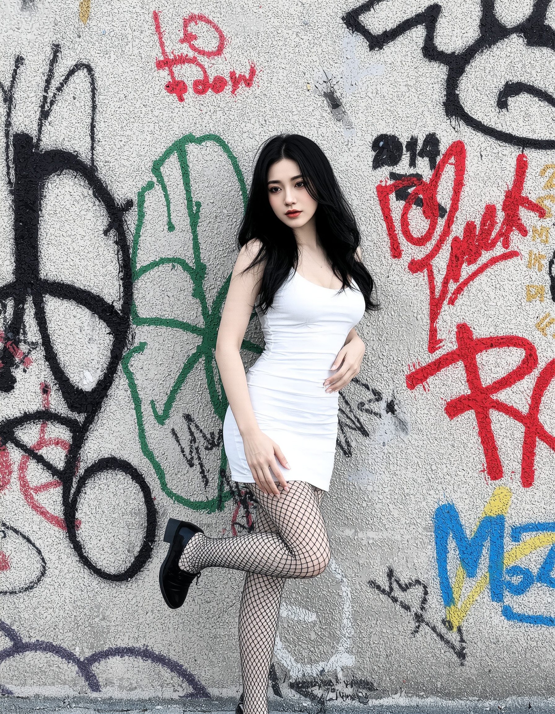 This is a clear street photography with a modern urban style. In the photo,there is a woman wearing a white **** dress paired with black fishnet stockings and black shoes. Her hair is black and falls over her shoulders. She places her right hand on her waist and her left hand on her leg. Her eyes are looking to the left of the camera. She appears to be in her twenties,slim in figure,and with a calm expression. Her attire is simple and elegant,showing a sense of fashion. The background is a wall covered in graffiti,with various graffiti and texts including "2020" among others.,