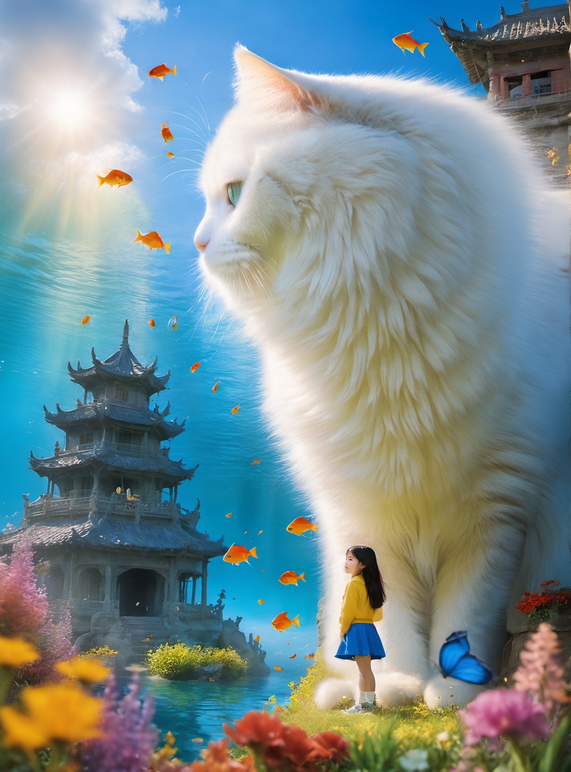 <lora:white cat 过拟V1.0-0008:0.9>,large white cat,a young girl,Sunlight is shining into the sea. There is a gorgeous dragon palace at the bottom of the sea,and the details are clear. Colorful fish are swimming around,, (masterpiece, best quality, highres:1.2),