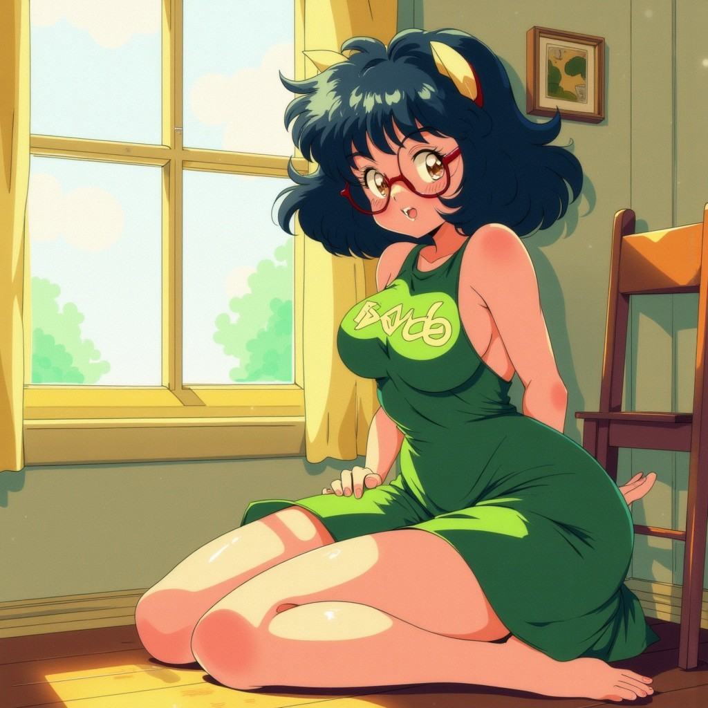 archi_retro,  retro artstyle,  anime girl wearing glasses and a green dress with her butt on the floor in front of a windo...