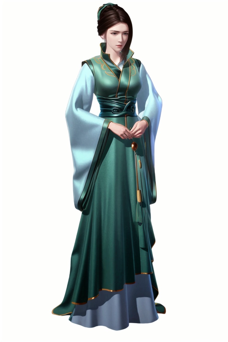 ((HRD, HUD, 8K)),((masterpiece, best quality)), highly detailed,1girl, solo, hair bun, brown hair, long hair, black hair, brown eyes, lips, chinese clothes, green dress, dress, long sleeves, wide sleeves, simple background, white background, full body, long legs, standing, looking at viewer,  <lora:20240511-1715391469403:0.72>
