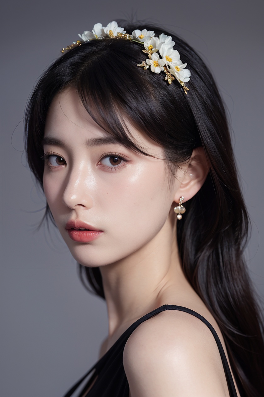 1girl, solo,(front view:1.2),(looking_at_viewer:1.4),(eye-contact:1.4),,black hair, long hair, jewelry, realistic, earrings, hair ornament, black eyes, lips, collarbone, parted lips, flower, watermark, upper body, portrait, hair flower, dress, web address,  <lora:YG红颜阁美女6:0.8>,