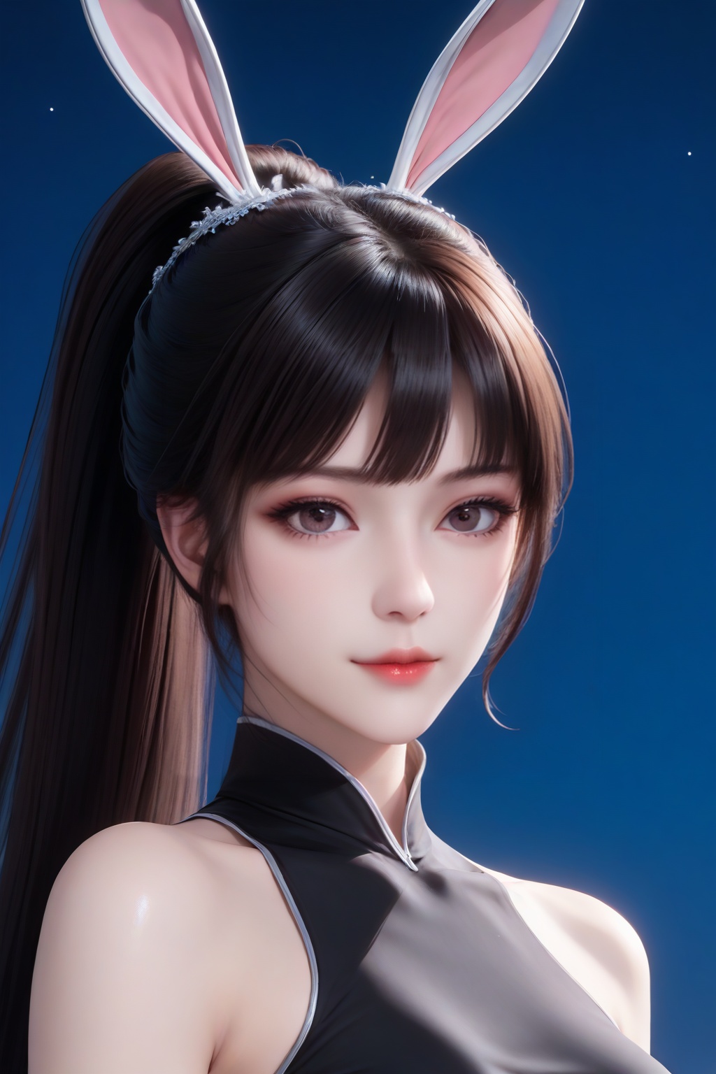 <lora:xiaowu_sl_v6-000024:0.7>,xiaowu_sl,1girl,solo,animal ears,rabbit ears,long hair,(white_skin:1.2),brown hair,black hair,closed mouth,medium breasts,shiny,pale skin,lips,lipstick,big eyes,eyelashes,long eyelashes,makeup,eyeshadow,high ponytail,nail polish,masterpiece,high quality,highres,absurdres,best quality,8K,high-res detailed,cheongsam,blue cheongsam,(loose clothes:1.2),skirt,chiffon_skirt,shorts_under_skirt,puffy_shorts,looking at viewer,standing,dynamic pose,seductive smile,night sky,[moon],star \(sky\),chinese style architecture,lantern,<lora:sh-glossy_r2:0.7>,pantyhose,thighband_pantyhose,shiny legwear,high heels,louboutin heels,black heels,red bottom heels,footwear,<lora:Louboutin_Heels__PONY:0.5>,<lora:HandFixer_pdxl_Incrs_v1:0.5>,handfixer,<lora:DetailedEyes_V3:0.5>,