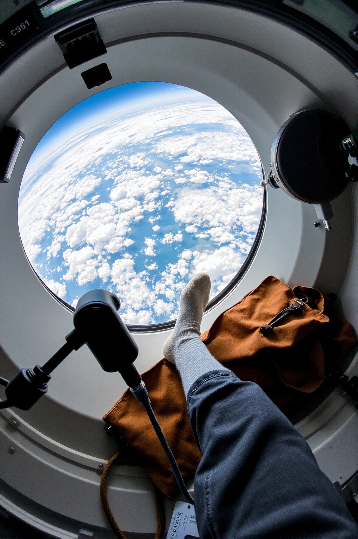 A captivating downward camera angle through a circular window,  featuring Earth's clouds and blue oceans in a balanced com...