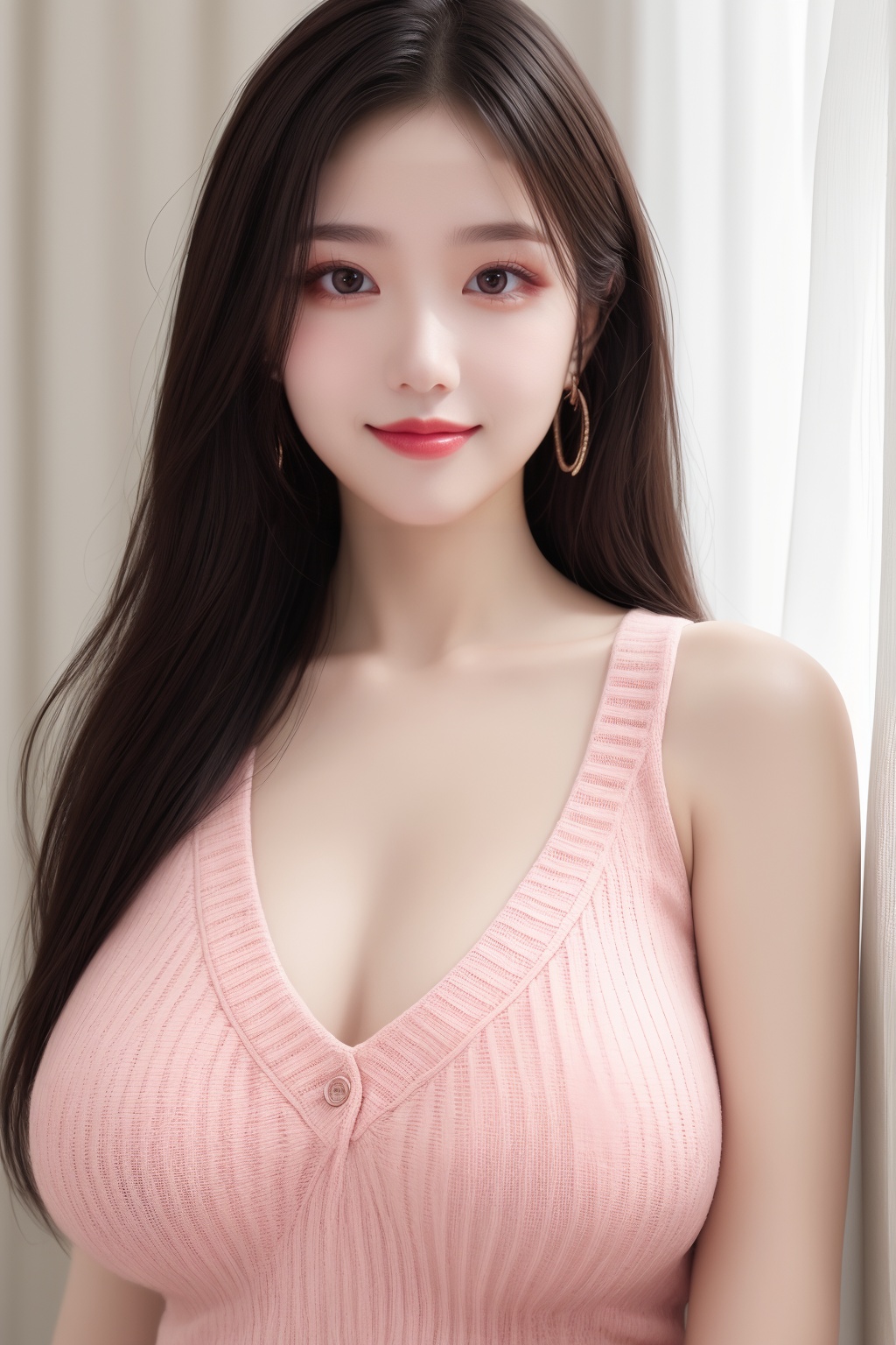 1girl, black hair,huge breasts, brown eyes, curtains, indoors, lips, lipstick, long hair, looking at viewer, makeup, pink sweater, sleeveless, smile, solo, sweater, upper body <lora:肉嘟嘟:0.8>