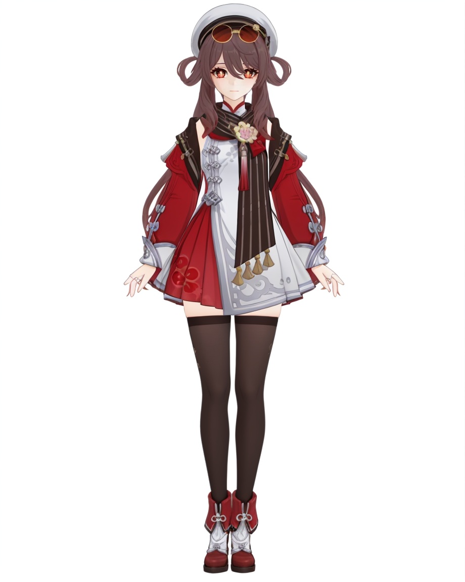 8k,best quality,masterpiece,(ultra-detailed),(high detailed skin),(by nanoless, by misumi \(macaroni\),:0.5),A full-body portrait of a young girl,standing gracefully,pastel art style,high-key lighting,shoujo manga influence,hd quality,delicate details,full body,full shot,standing,looking at viewer,(solo:1.2),simple background,white background,<lora:huxiang-sd-Tanger-000019:0.8>,hu tao \(cherries snow-laden\) \(genshin impact\),clothes:cherries snow-laden,flower-shaped pupils,1girl,white hat,long hair,symbol-shaped pupils,scarf,hair rings,black thighhighs,red eyes,sunglasses,brown hair,long sleeves,zettai ryouiki,hair between eyes,