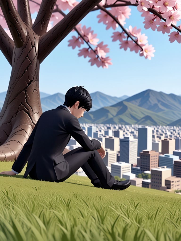 A medium shot in an anime art style captures a slim male figure with short black hair sitting under a large cherry blossom...