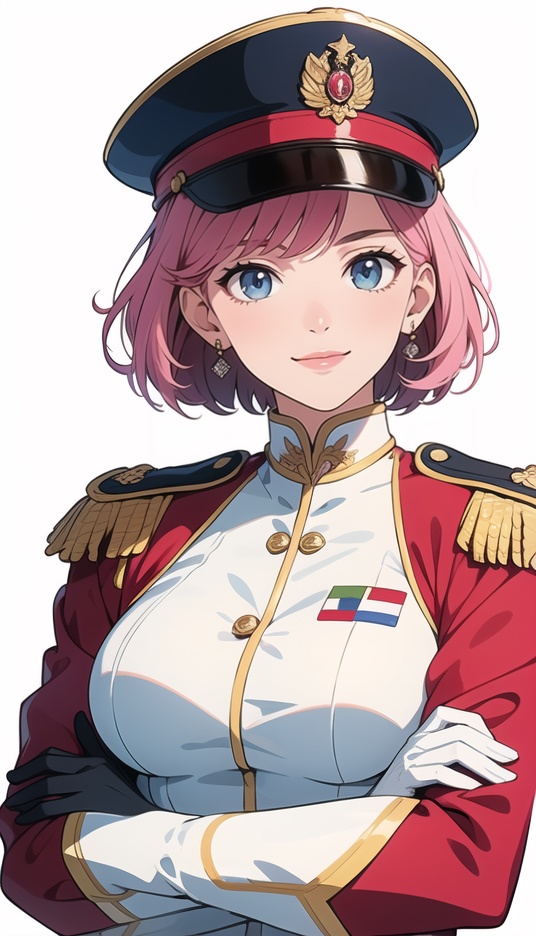 (best quality), ((masterpiece)), (highres), illustration, original, extremely detailed,1girl, solo, uniform, military, military uniform, blue eyes, hat, gloves, epaulettes, short hair, pink hair, earrings, smile, red hair, jewelry, crossed arms, white background, white gloves, looking at viewer, military hat