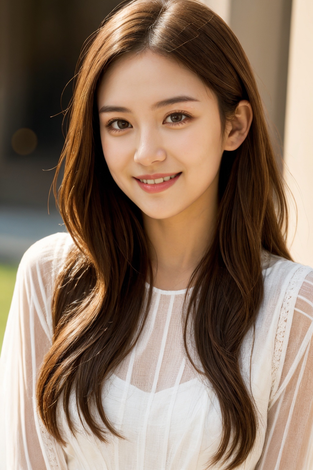 1girl, solo, realistic, brown hair, looking at viewer, dress, long hair, smile, white dress, brown eyes, photorealistic,