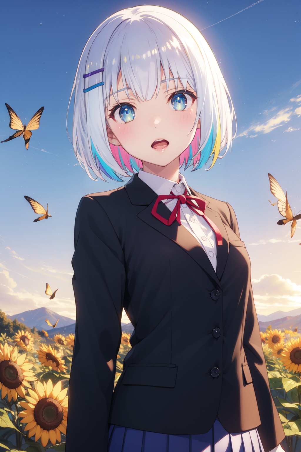 <lora:Origami-000007:0.8>,Origami cyql,1girl,looking at viewer,solo,short hair,white hair,hairclip,hair ornament,blue eyes,school uniform,ribbon,blazer,jacket,skirt,pleated skirt,Surprised, Wide-open eyes, a raised brow, and an open mouth.,upper_body,beautiful face,beautiful eyes,glossy skin,shiny skin,Sunflowers, Field, Sky, Sunlight, Bees, Yellow, Horizon, Serenity,(Bonsai trees, Moss, Gravel pathways, Raked sand, Tranquility, Meditation:0.6),beautiful detailed sky,beautiful detailed glow,posing in front of a colorful and dynamic background,masterpiece,best quality,beautiful and aesthetic,contrapposto,female focus,wallpaper,fashion,