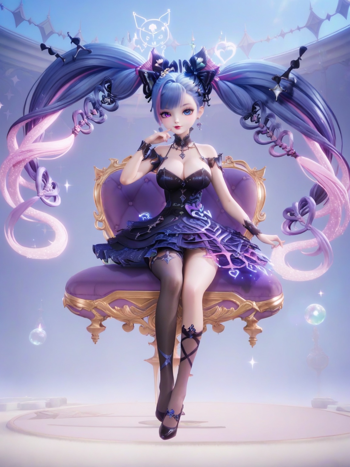 score_9,<lora:SF_AnQiLa_Pony_Realism2.3-000005:0.7>,1girl,breasts,large breasts,sitting,hair ornament,heterochromia,solo,lipstick,loli,dress,jewelry,absurdly long hair,multicolored hair,asymmetrical legwear,black dress,full body,looking at viewer,white background,simple background,
