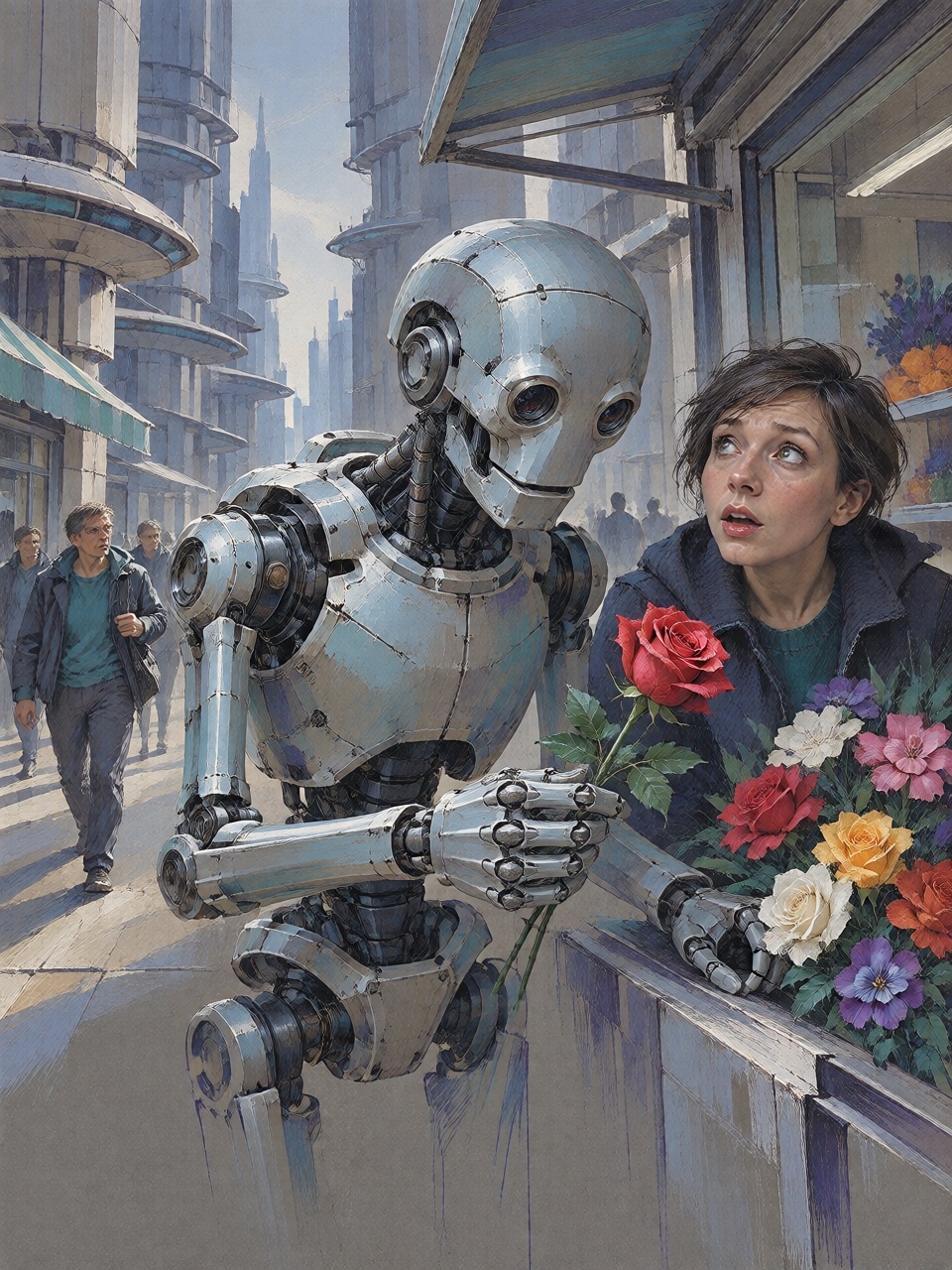 A strange retrofuturistic robot selling flowers from a tiny street kiosk,  metallic fingers offering a red rose to a surpr...