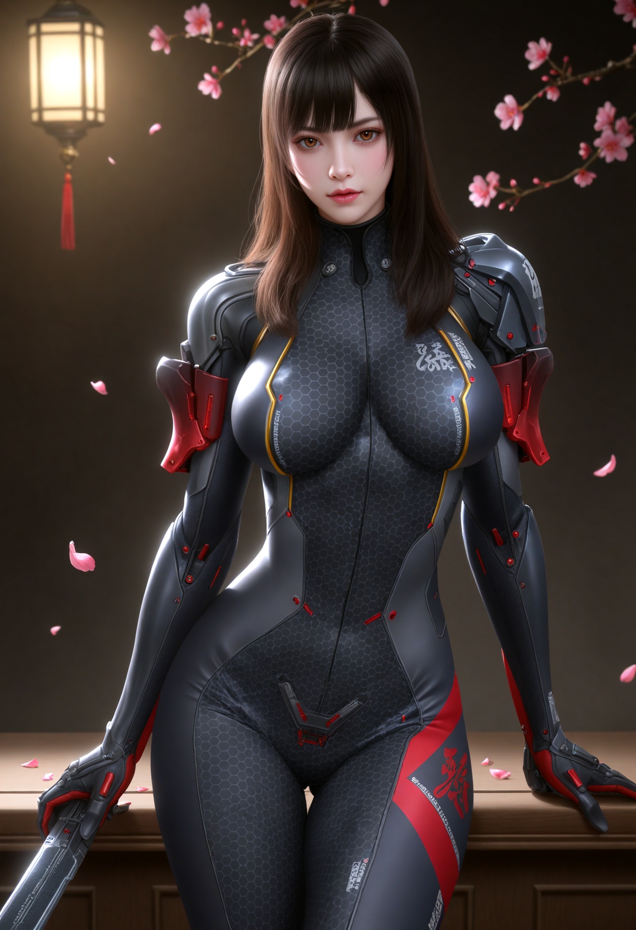 (cowboy shot:1.2),(gigantic breasts:0.6),(slender:1.3),(looking_at_viewer:1.1),(masterpiece:1.1),(best quality:1.2),(intricate details),dim lighting,(smog:1.3),(Dark room:1.3),(dim lighting:1.3),peach blossom,falling petals,<lora:YQ_Illustrious光辉v5_孙尚香_V1:0.8>,q1528437228,1girl,solo,bodysuit,long hair,black hair,high heels,brown hair,armor,black footwear,brown eyes,blunt bangs,shoulder armor,gloves,masterpiece,(best quality),(intricate details:0.9) BREAK masterpiece,(best quality),(intricate details:0.9),(realistic skin:1.2),