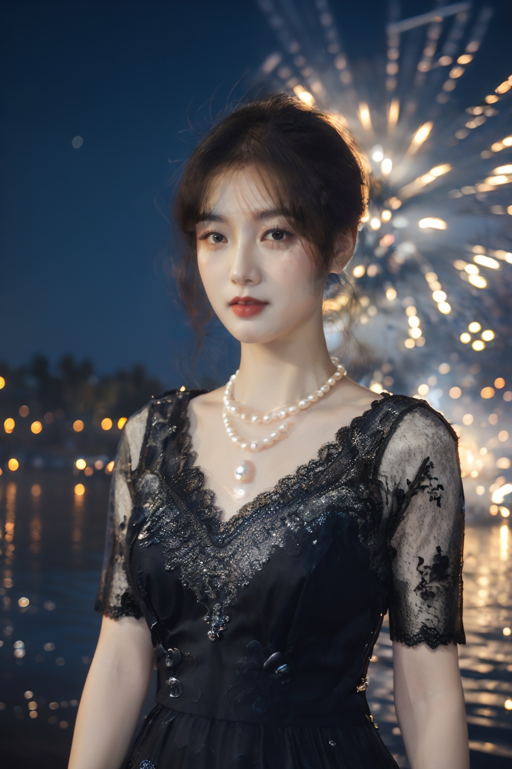 solo,1girl,dress,black hair,realistic,upper body,looking at viewer,elegant girl,(Vintage_lace_dress:1.5),(Pearl_necklace:1.4),fire,fireworks,night,<lora:disillusion · fireworks:1>,