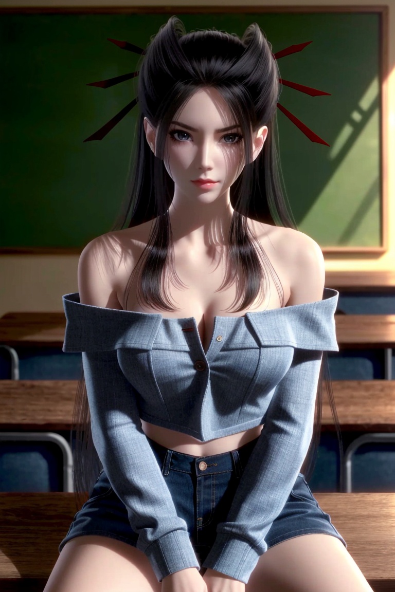 ((HRD, HUD, 8K)),((masterpiece, best quality)), highly detailed,1girl, solo, long hair, black hair, hair ornament, hair stick, black eyes, lips, red lips,(off-shoulder sweater:1.2), denim shorts, blurry background, classroom, chalkboard, sitting, cowboy shot, looking at viewer, <lora:20240516-1715819702586:0.68>