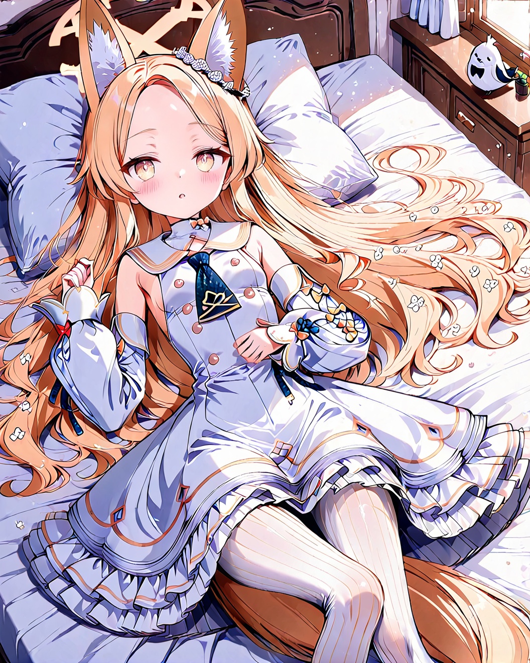 O,seia\(blue_archive\), 1girl, animal ears, pantyhose, blonde hair, halo, white pantyhose, long hair, solo, dress, bird, yellow eyes, lying, detached sleeves, on back, small breasts, flower, fox ears, white dress, looking at viewer, animal ear fluff, blush, tail, forehead, pillow, hair ornament, breasts, hair flower, on bed, parted lips, parted bangs, sleeveless, bed, bangs, very long hair, long sleeves, frills, sleeveless dress, bare shoulders, sailor collar, frilled dress, necktie, indoors, fox tail