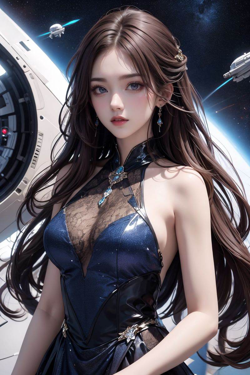 upper body,1girl,brown hair,dress,jewelry,long hair,looking at viewer,solo,space,