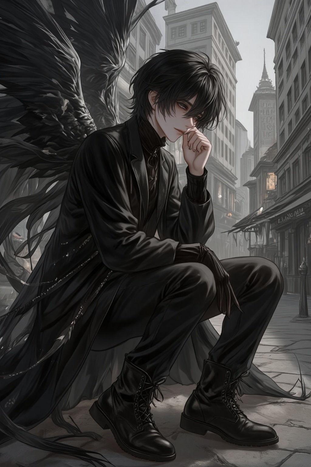 ZOZ_WEIMEIW,solo,sitting,sfw,black wings,looking at viewer,1boy,black hair,angel wings,city,black eyes,boots,black footwear,angel,original,dark,male focus,dark hair,from side,dark wings,cityscape,full body,gloves,wings,black gloves,long sleeves,short hair,looking down,bangs,photoshop (medium),parted lips,building,long sleeves,dark theme,feathered wings,