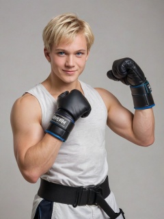 score_9, score_8_up, score_7_up, score_6_up, score_5_up, score_4_up score_9,score_8_up,solo, looking at viewer, smile, short hair, blue eyes, blonde hair, simple background, gloves, 1boy, closed mouth, male focus, sleeveless, belt, pants, signature, fingerless gloves, muscular, abs, thick eyebrows, pectorals, muscular male, clenched hand, black belt, fighting stance, pectoral cleavage, dougi, martial arts belt