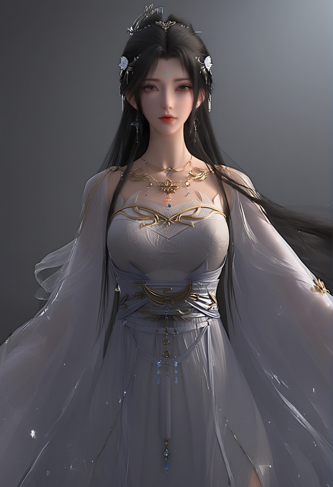 (score_9),<lora:清漪-apony:0.85>,qingyi,1girl,solo,hair ornament,long hair,earrings,black hair,forehead mark,hair flower,detached sleeves,white dress,jewelry,necklace,belt,sash,<lora:perfect eyes_v1:0.8>,looking at viewer,front view,<lora:Expressive_H-000001:0.8>,Expressiveh,collarbone,(glamor:1.2),curvy,pointy breasts,puffy breasts,ultra-detailed skin texture,black background,simple background,4K ultra HD,sharp focus,high detail,natural lighting,high contrast,
