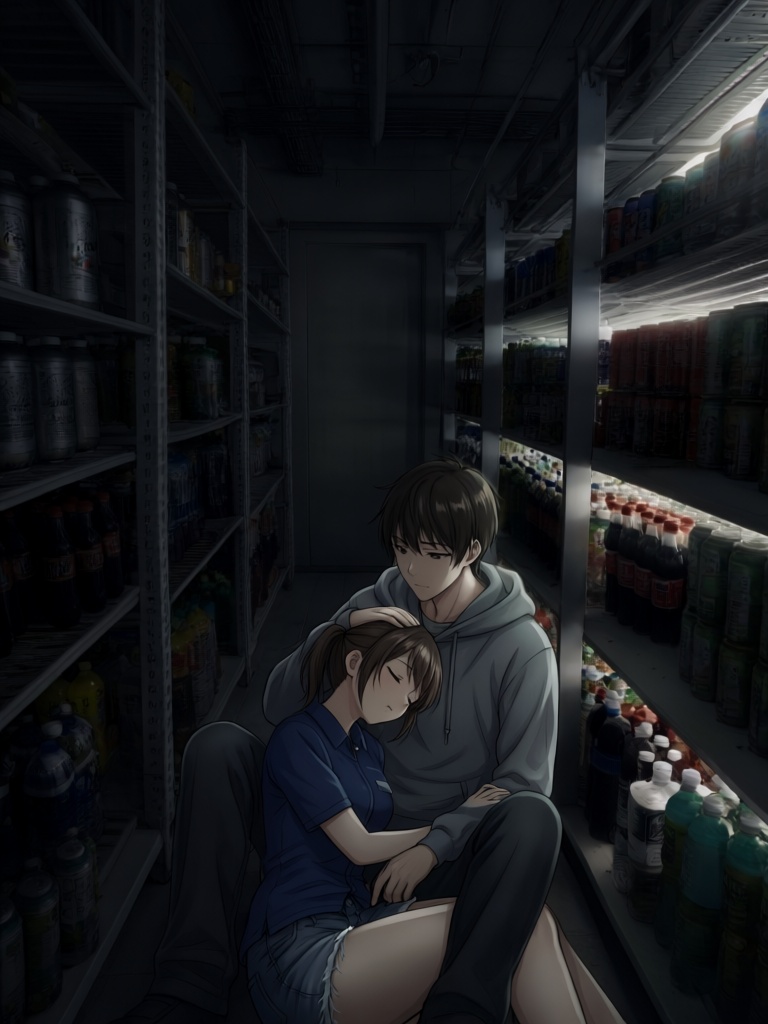In this moody,  dimly lit anime-style illustration,  a young man and woman are positioned inside a cold on Tensor.Art