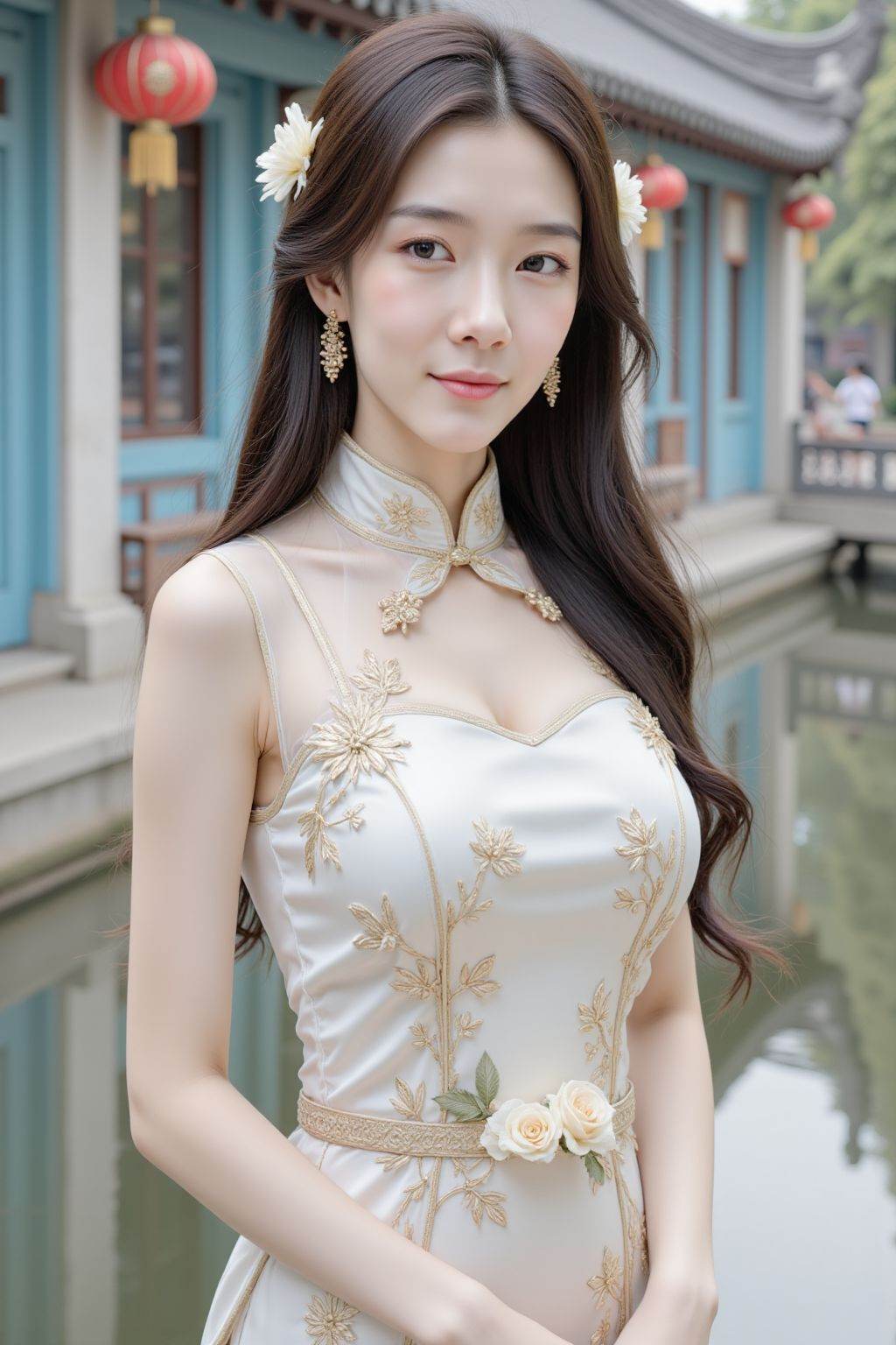 A photograph of a young Asian woman with fair skin, long dark hair adorned with white flowers, and delicate facial features. She wears a traditional white Chinese cheongsam dress with gold embroidery and sheer sleeves. The dress has a floral belt. The background features a vibrant blue wooden structure with red lanterns, and a serene water body reflecting the scene. The overall aesthetic is elegant and traditional.