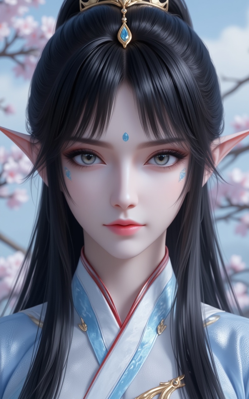 <lora:金箔岩彩·6:0.4>,jinbo,<lora:凤清儿·百搭版5:1>,1girl,solo,pointy ears,black hair,looking at viewer,long hair,grey eyes,closed mouth,blurry,hair ornament,facial mark,forehead mark,makeup,cover,gradient background,close-up details,outstanding style,adding a touch of dimension to your images without compromising details,close-up,<lora:DJ滤镜_2.5D版:0.4>,lvjing,<lora:油画唯美滤镜15:0.2>,baoshi,