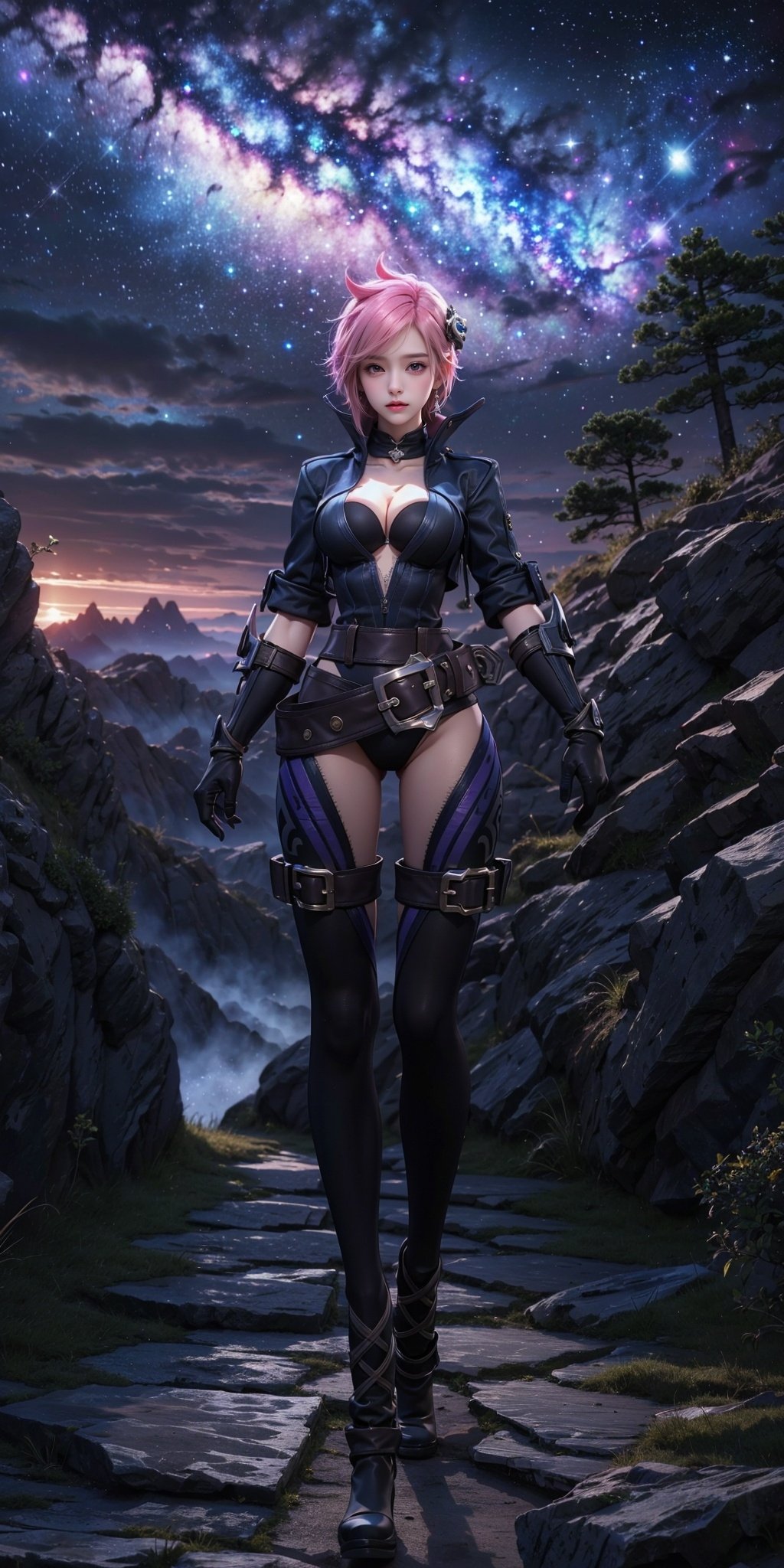 <lora:AK_20240305124859-000007:0.75>,AK,scenery,sky,star \(sky\),starry sky,outdoors,night,tree,night sky,cloud,mountain,nature,milky way,1girl,solo,pink hair,full body,short hair,gloves,belt,jacket,cleavage,looking at viewer,thighhighs,medium breasts,alternate costume,cropped jacket,boots,jewelry,open jacket,black gloves,bangs,ponytail,blue eyes,hair ornament,open clothes,purple eyes,, (raw photo:1.2),((photorealistic:1.4))best quality,masterpiece,illustration,an extremely delicate and beautiful,extremely detailed,CG,unity,8k wallpaper,Amazing,finely detail,masterpiece,best quality,official art,extremely detailed CG unity 8k wallpaper,absurdres,incredibly absurdres,huge filesize,ultra-detailed,highres,extremely detailed,beautiful detailed girl,cinematic lighting,1girl,pale skin,tall female,(perfect body shape),skinny body,Slender legs,, pale skin,tall man,long legs,thin leg,